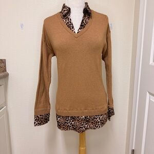 Adrianna Papell V-neck Twofer Sweater Leopard Mixed Media Size Large